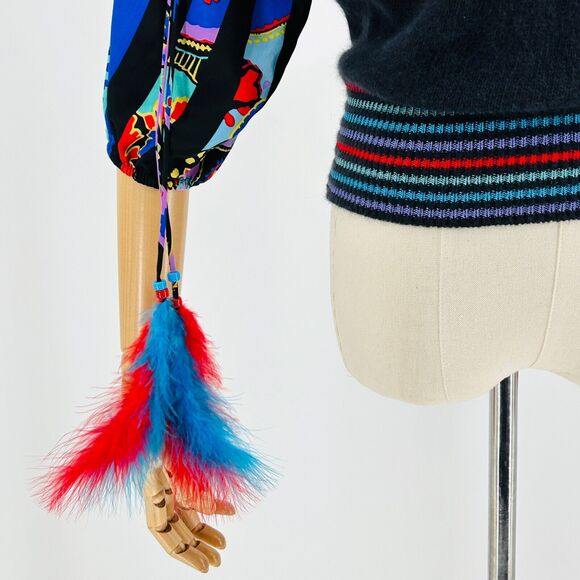 RARE 80s Marisa Christina Black Wool + Colored Silk Puff Sleeve Beaded Blouse - Picture 4 of 8